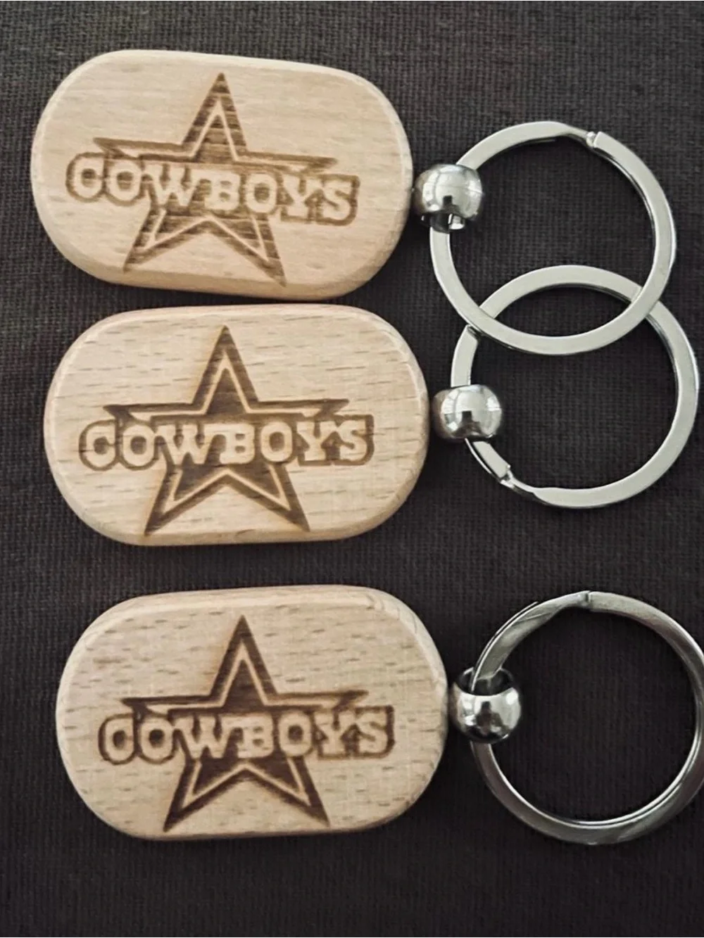 Set of 3 Wooden Cowboys Logo Key Fob - Natural Brown